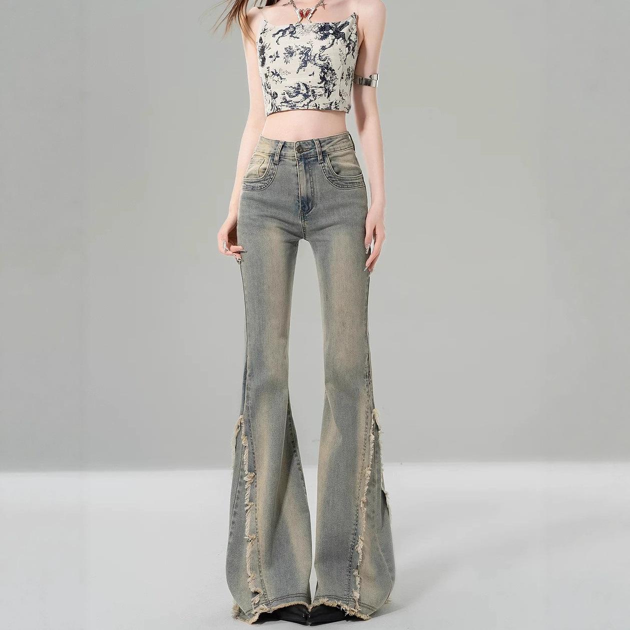 

Винтажные джинсы микро-клеш женские ежегодные весенне-осенние с дизайнерским чувством, с необработанным краем, в стиле пэчворк, прилегающие и стройнящие брюки, джинсы для женщин, длинные джинсовые брюки L