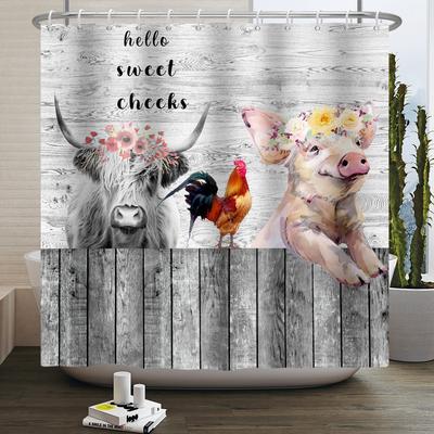 Rideau de Douche Animaux de la Ferme Mignon Drôle Vache Poulet Cochon Fleur Cheval Bois Ferme Grange Rustique Rideau de Douche pour Décor de Salle de Bain