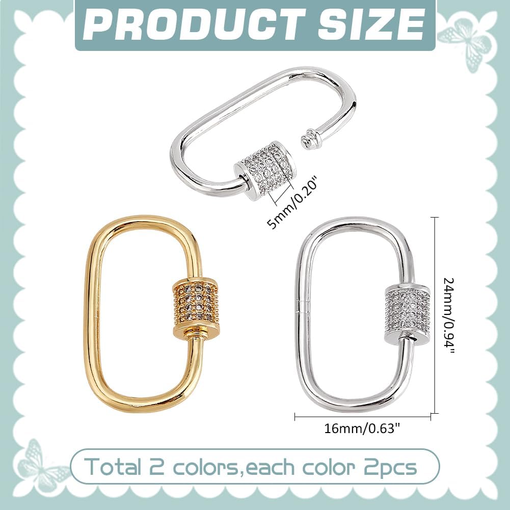 PH PandaHall 2 Colors 4pcs Oval Screw Lock Charms 18K Gold Plated Carabiner Lock Clip Micro Pave Cubic Screw Necklace Link Connector Golden Snap