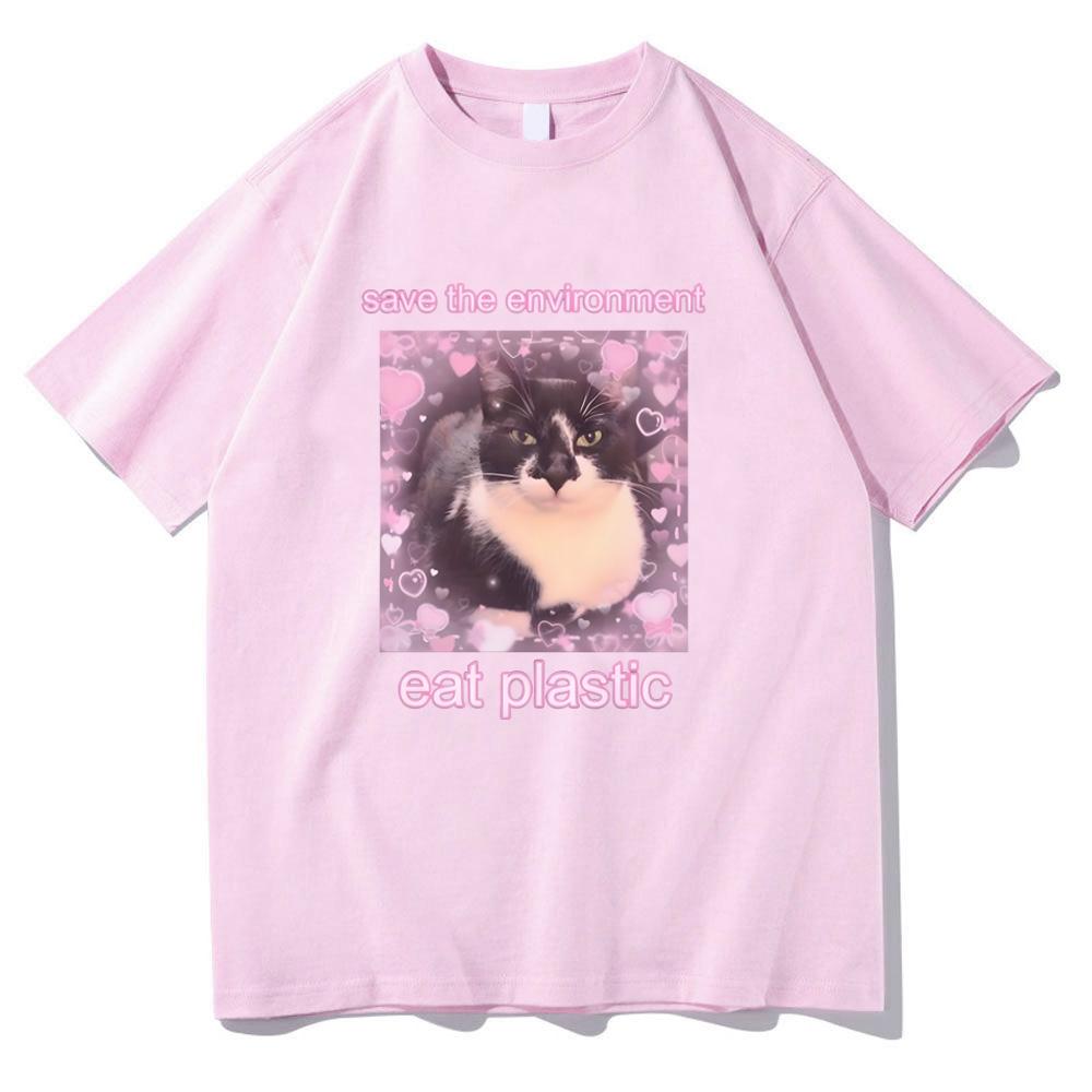 Save The Environment Eat Plastic Meme Cat T-shirts Short Sleeve Summer Cotton Tee-shirt Cartoon Graphic Tees Girls Women Tshirts