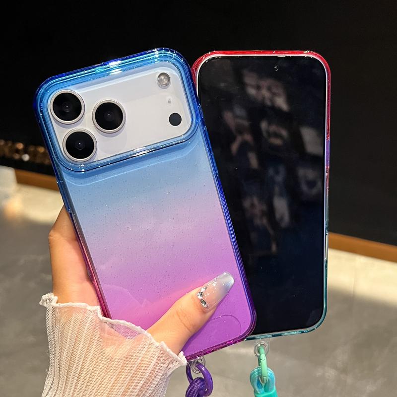 New Luxury Gradient Color Collision Shimmering Powder/Glitter Lanyard Phone Case For iPhone 17 Pro Max Air Bumper Back Cover