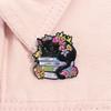 Sleeping Cat On Books Enamel Pin Cute Black Cat Reading Floral Book Lover Brooch Lapel Backpack Badge Jewelry Gift for Friends