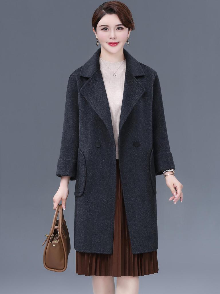 Mom's Stylish Mid-Length Double-Faced Cashmere Wool Coat for Autumn & Winter - High-End, Loose Fit for Middle-Aged Women