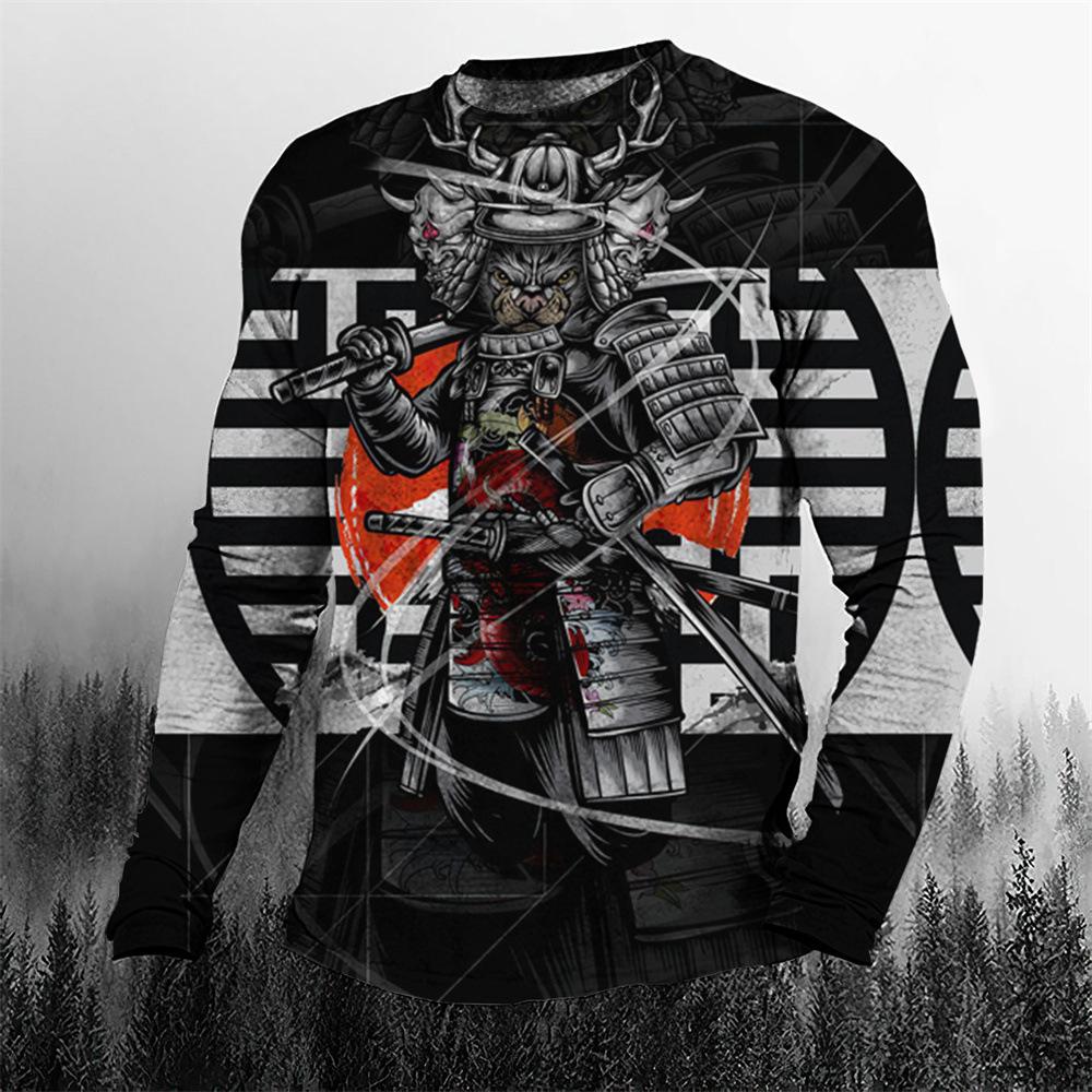 Samurai 3D Digital Printed Men's Street Trendy Round Neck Long Sleeve T-shirt