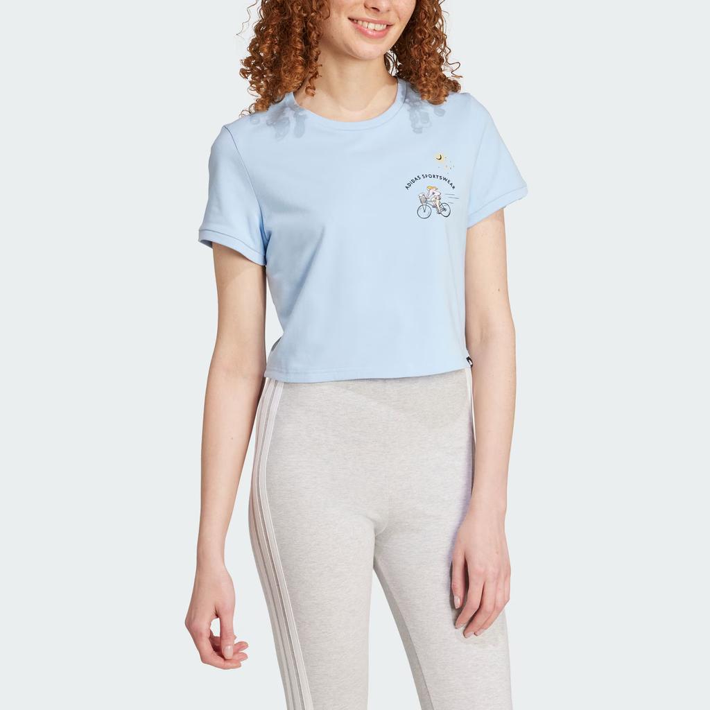 Adidas Sportswear Codes Doodle Graphic Crop Pullover Simple Casual Short Sleeve T-Shirt Women Tops Bright-Blue JX5326