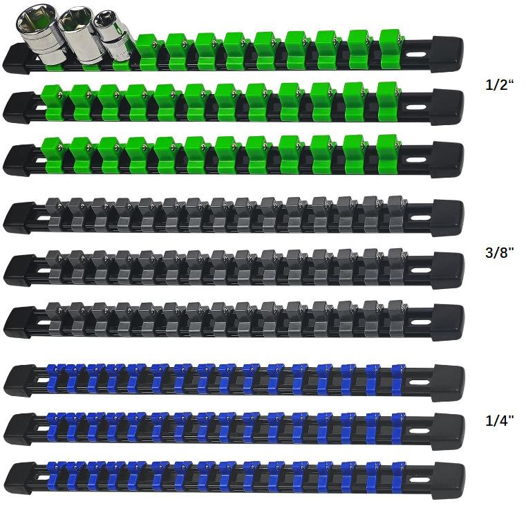 6-teiliges Steckschlüssel-Organizer-Set aus Kunststoff, 1/4, 3/8, 1/2 Zoll Steckschlüsselhalter, Werkzeugaufbewahrungsregal (Steckdosen nicht im Lieferumfang enthalten)
