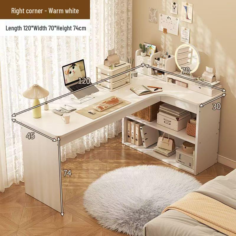 Compact Corner Computer Desk with Integrated Bookshelf & Vanity for Bedroom or Home Office