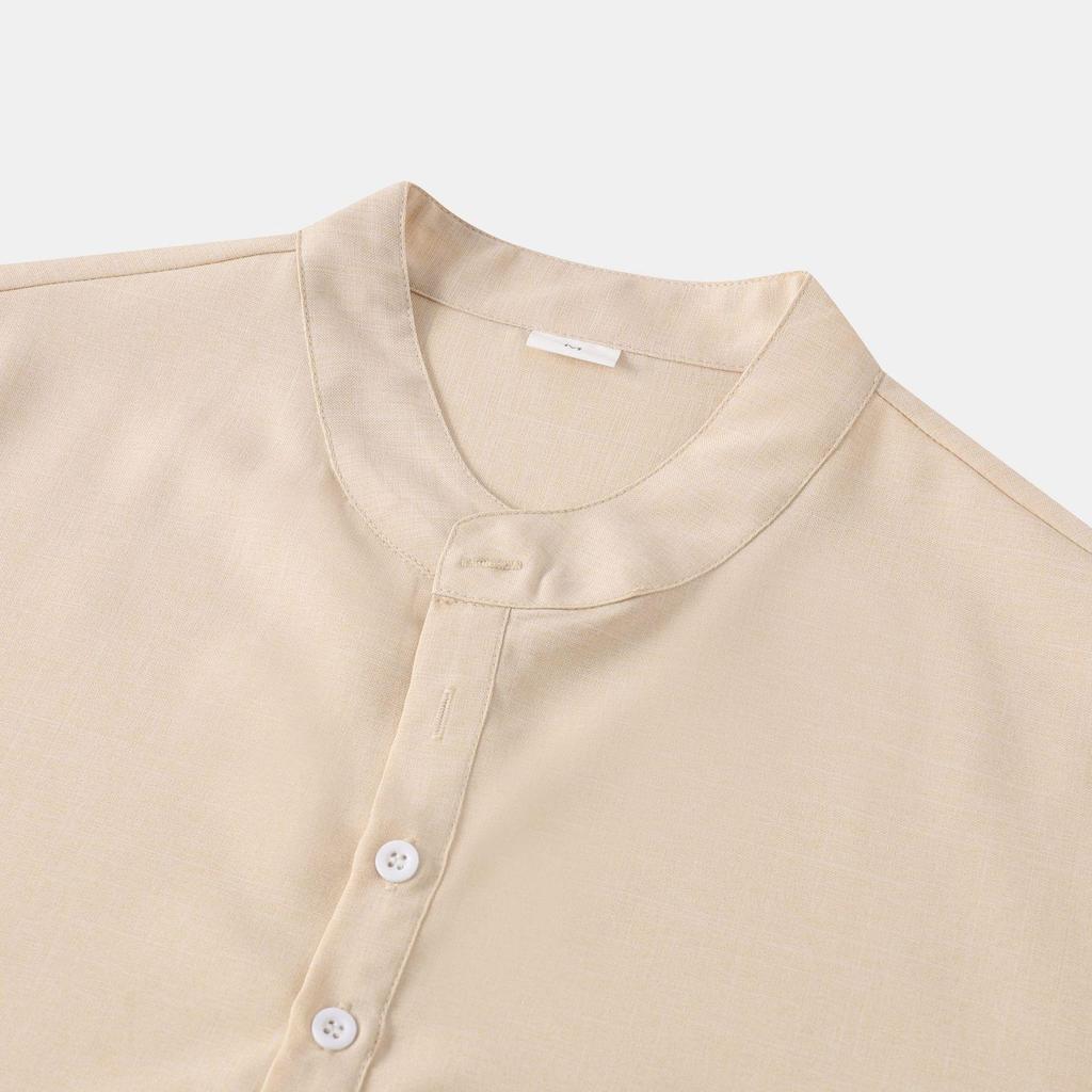 Men's Slim-Fit Stand-Up Collar Solid Color Short-Sleeve Shirt, 2024 Spring/Autumn Collection