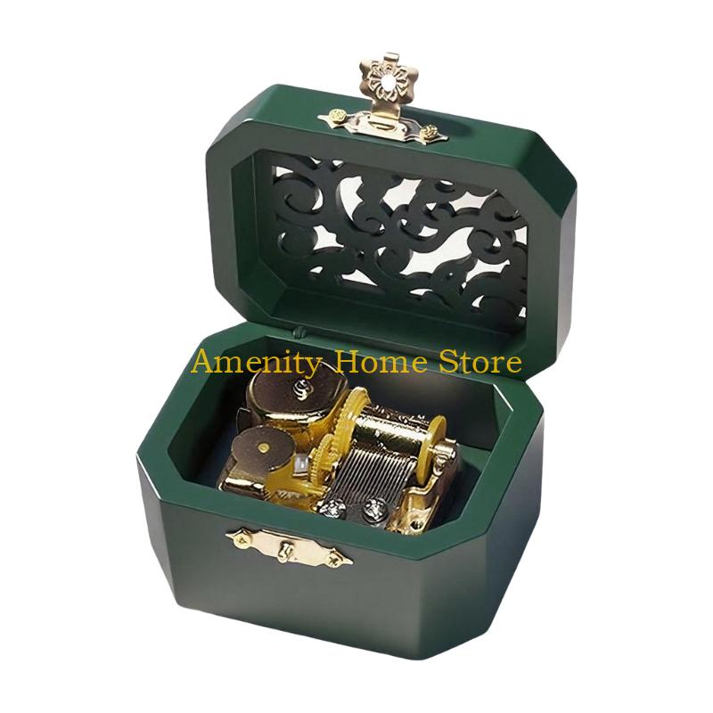 F26C Антикварная Восьмиугольная Мини Музыкальная Шкатулка Заводная Деревянная Поделка Резьба Музыкальная Шкатулка Подарок зелёный