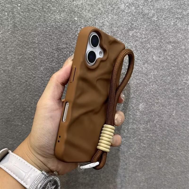 Luxury Matte Wrinkle Matte Wrist Strap Case for iPhone 17 Air 16 15 14 13 12 11 17 Pro Max Candy Ripple Soft Lanyard Cover Funda