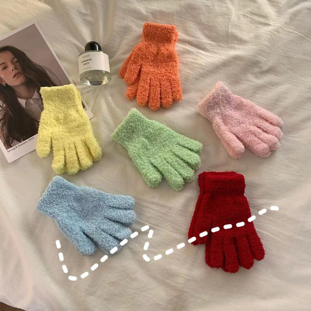 Coral Fleece Gloves Ins Japan And Korea Cute Simple Candy Color Five Fingers Fashion Warm Student
