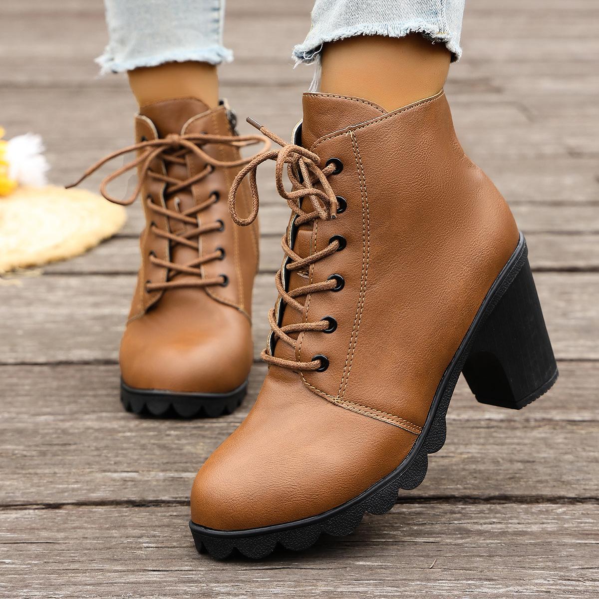 

Winter New Women Boots Cross-border British-style High-heeled Ankle Boots for Export, Large Size, Thick Heel, Side Zipper 36