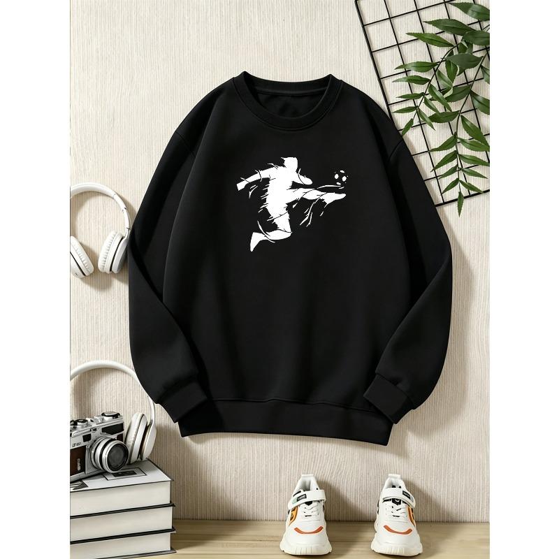 European Sizes Kids' Casual Crew Neck Long Sleeve Sweatshirt, Popular Football Graphic Print, Suitable for Daily Casual, Sports, and Street Outings