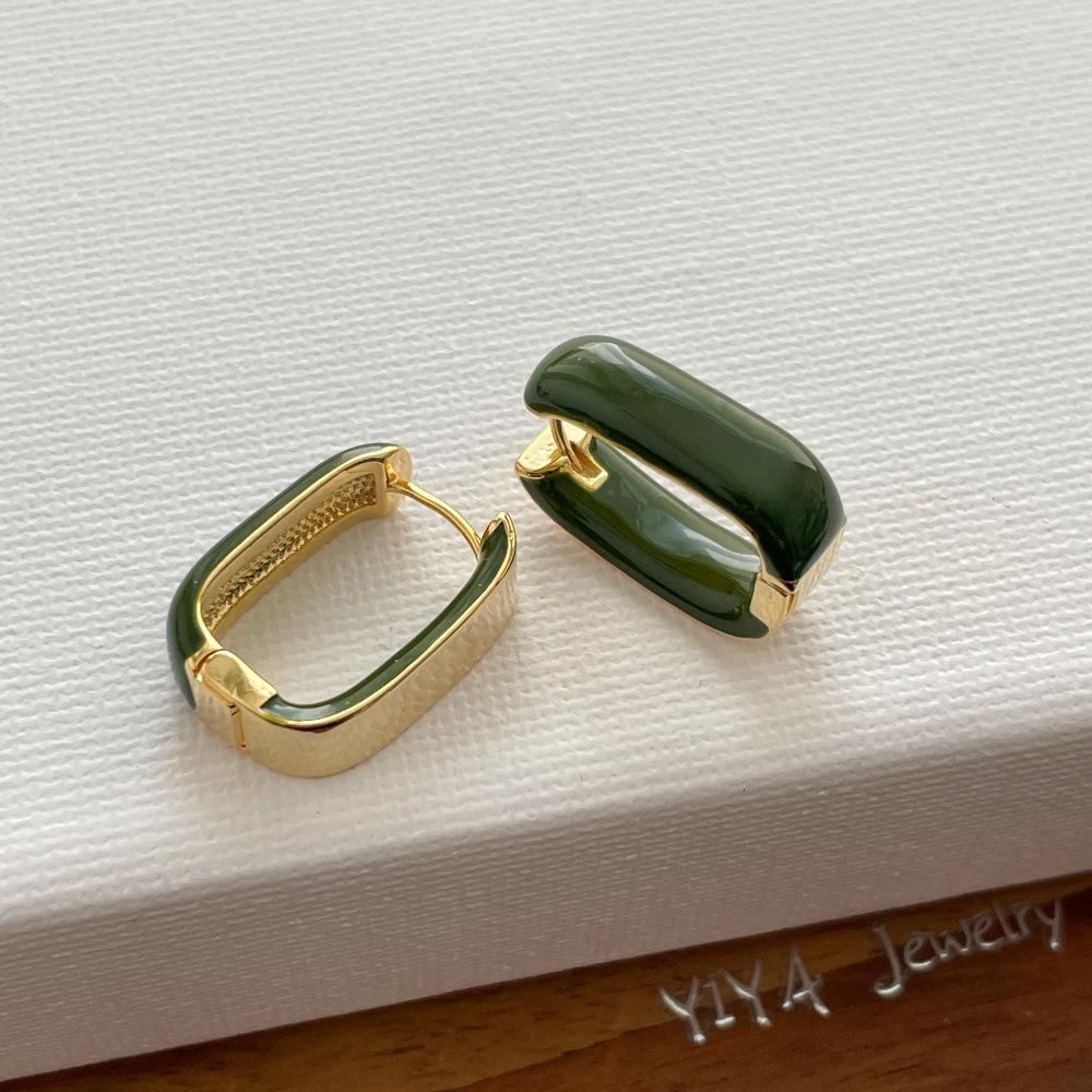 Simple Two Tone Metal Enamel Rectangle Square Hoop Earrings For Women 14K Real Gold Plated Copper Party Jewelry зелёный