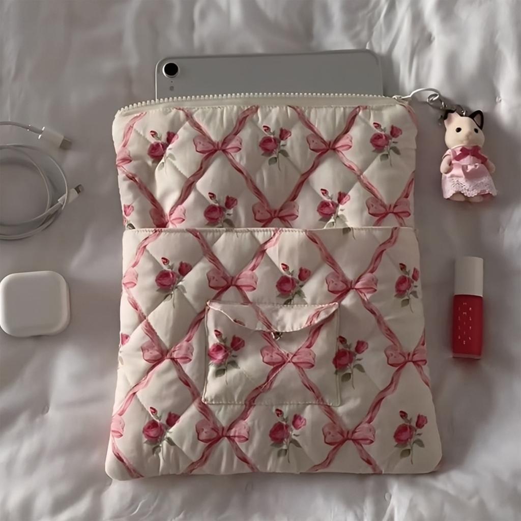 Flower Printed Computer Sleeve Bag Puffy Laptop Carrying Case Tablet Protective Cover Cute Clutch Purse for 11-15 Inch Laptop
