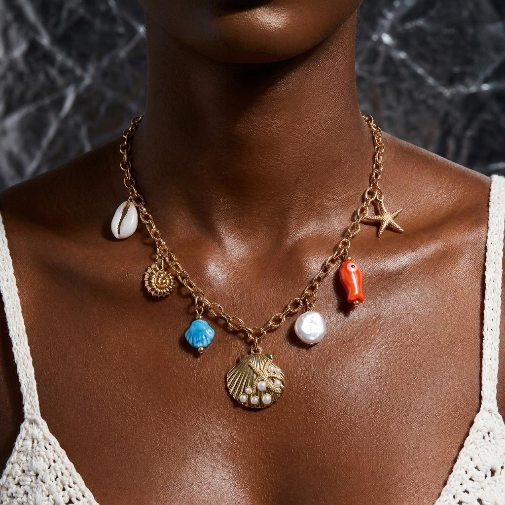 Bohemian Imitation Pearl Beaded Chain Necklace for Women Ocean Series Starfish Shell Conch Pendant Choker Beach Party Jewelry