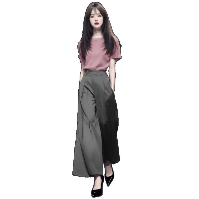 Chic Women's Summer Two-Piece Set: Stylish Short Sleeve Top & High Waist Wide Leg Pants