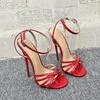 Fashion Sexy Patent Leather 14/16cm High Heels Women's Sandals,Fetish Men Summer Shoes,Ankle Buckle Strap,Black,Red,White,Custom Colors