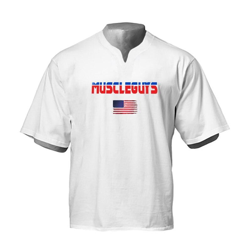 Muscleguys Men's Summer Loose Korean Streetwear Men Tops Youth Fashion Casual V-neck Cotton T-shirt Oversized Short-sleeve Graphic T Shirts