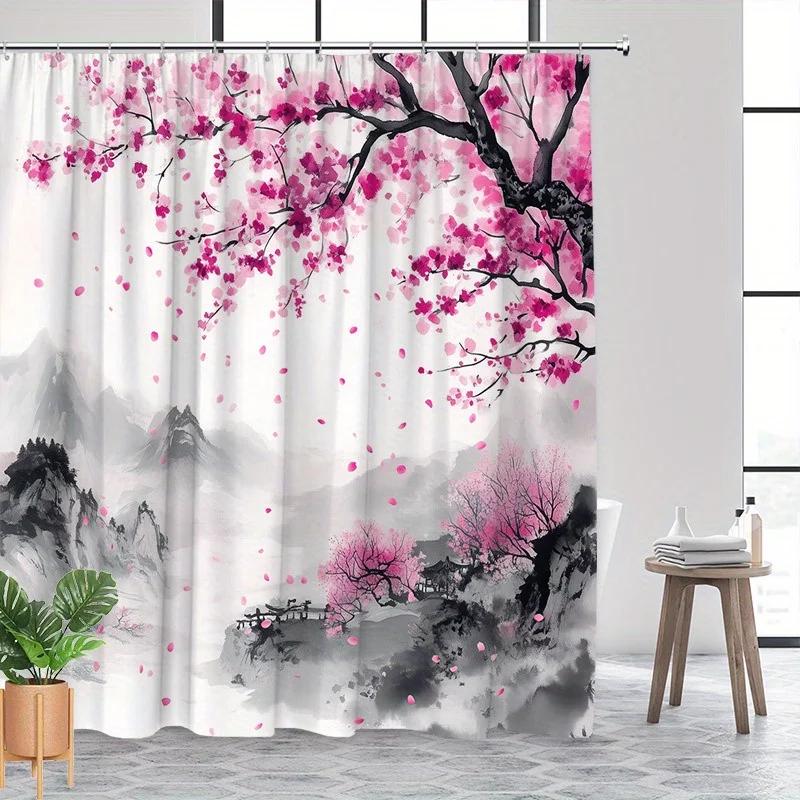 Kirschblütenberg Duschvorhang - Aquarell-Design mit rosa Blüten, Hügeln & Pagode, Weiche Rosa- & Graupalette