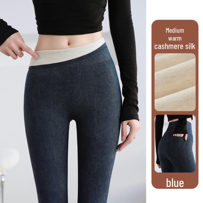 Women's Slim Fit Cashmere Silk Fleece-Lined Winter Pants with Pockets