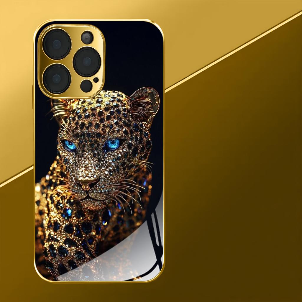 Diamant-inlaid Leopardenmuster Glas-Handyhülle geeignet für iPhone 17 16 15 14 13 12 11Pro/Max/Plus stoßfeste Rückseite