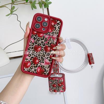 Cherry Bow Leopard Print Mobile Phone Case Apple 11/12/13/14/15/16/17 Charging Data Cable Case