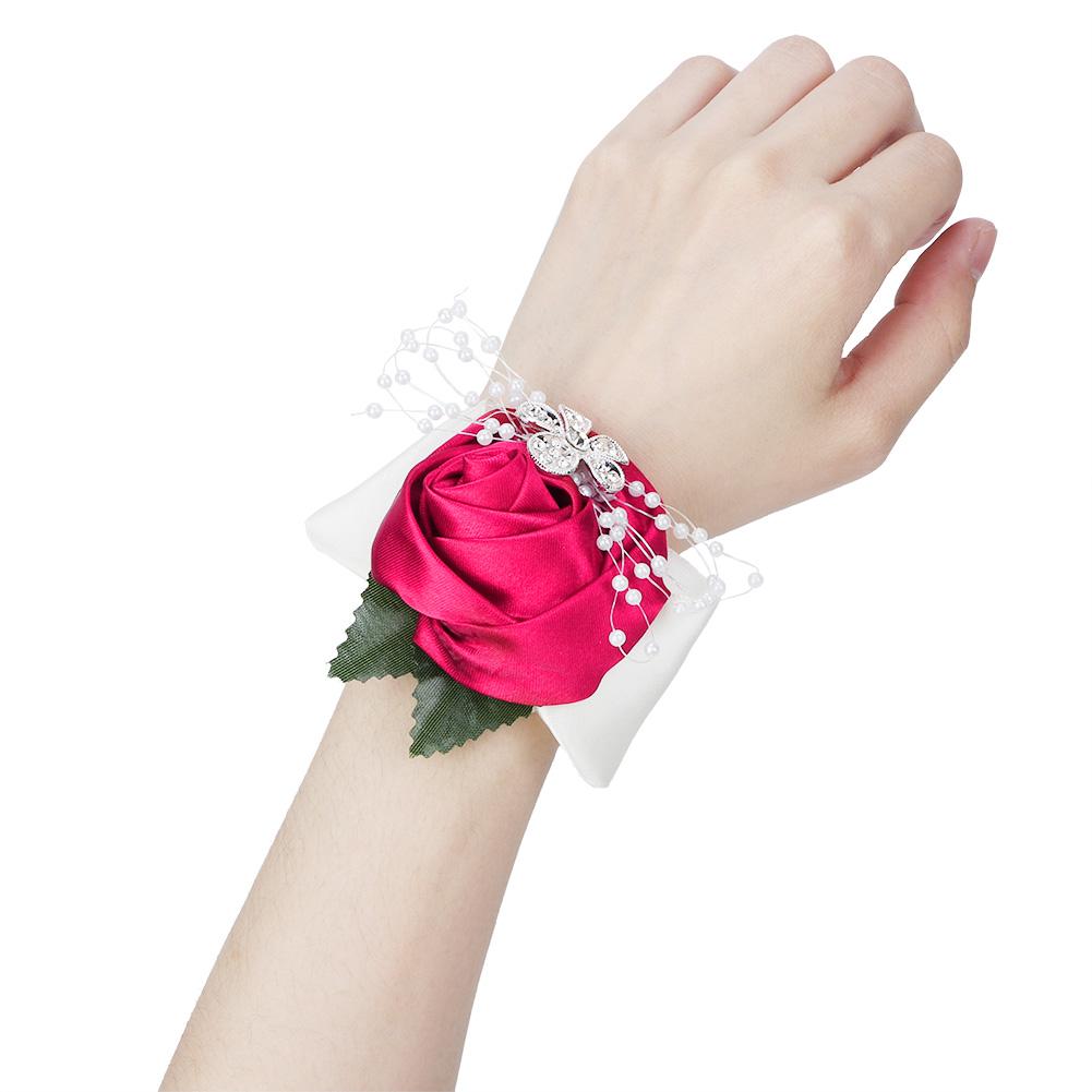 2pcs Hand Flower Bridesmaid Wrist Corsage Wedding Decorations Diamond Rose(Rose Red)