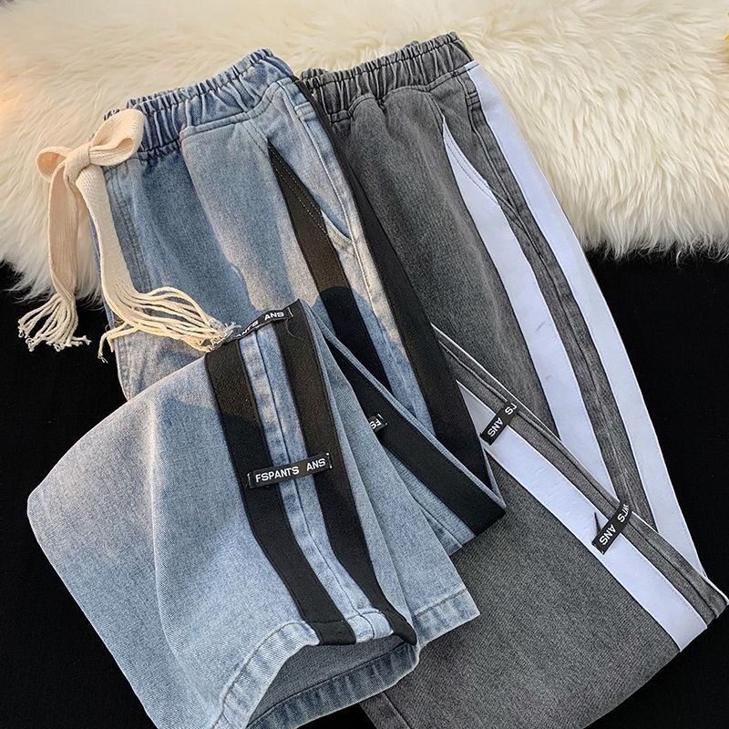 Striped Patchwork Jeans for Men In Autumn Trendy Brand Loose Straight Wide-leg American High Street Large Size Casual Long Pants