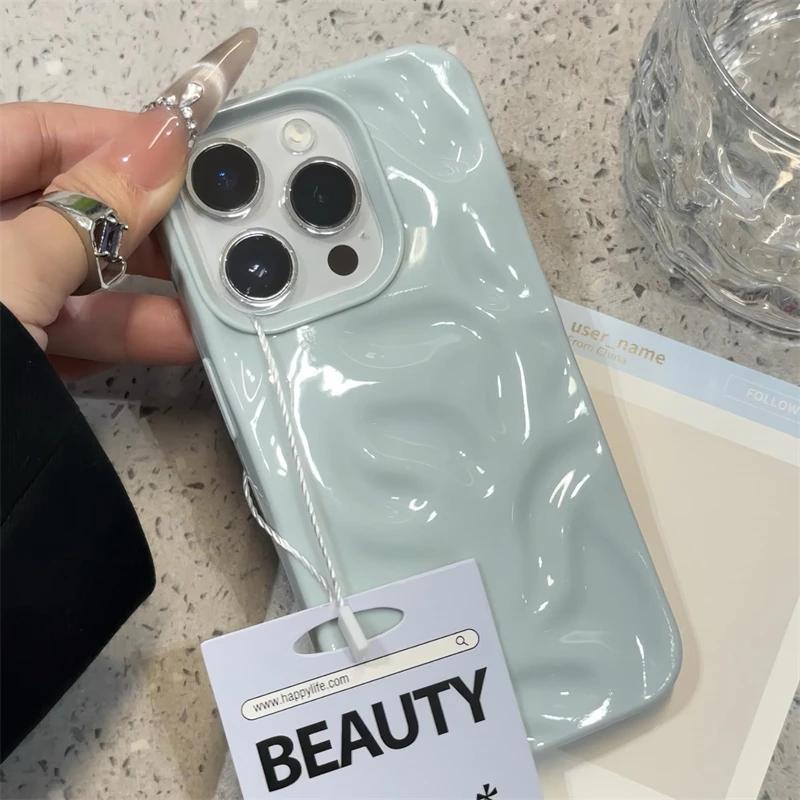 Luxury 3D Wrinkle Case For iPhone 16 15 14 Plus Pro Max 12 11 13 Candy Solid Color Wave Pattern Soft Silicone Aesthetic Cover