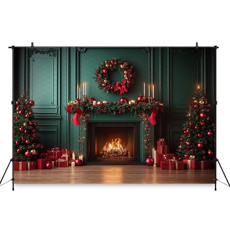 Mocsicka Christmas Photography Backgrounds Tree Decors Family Festival Party Photo Backdrops Green Wall Fireplace Pattern Banner