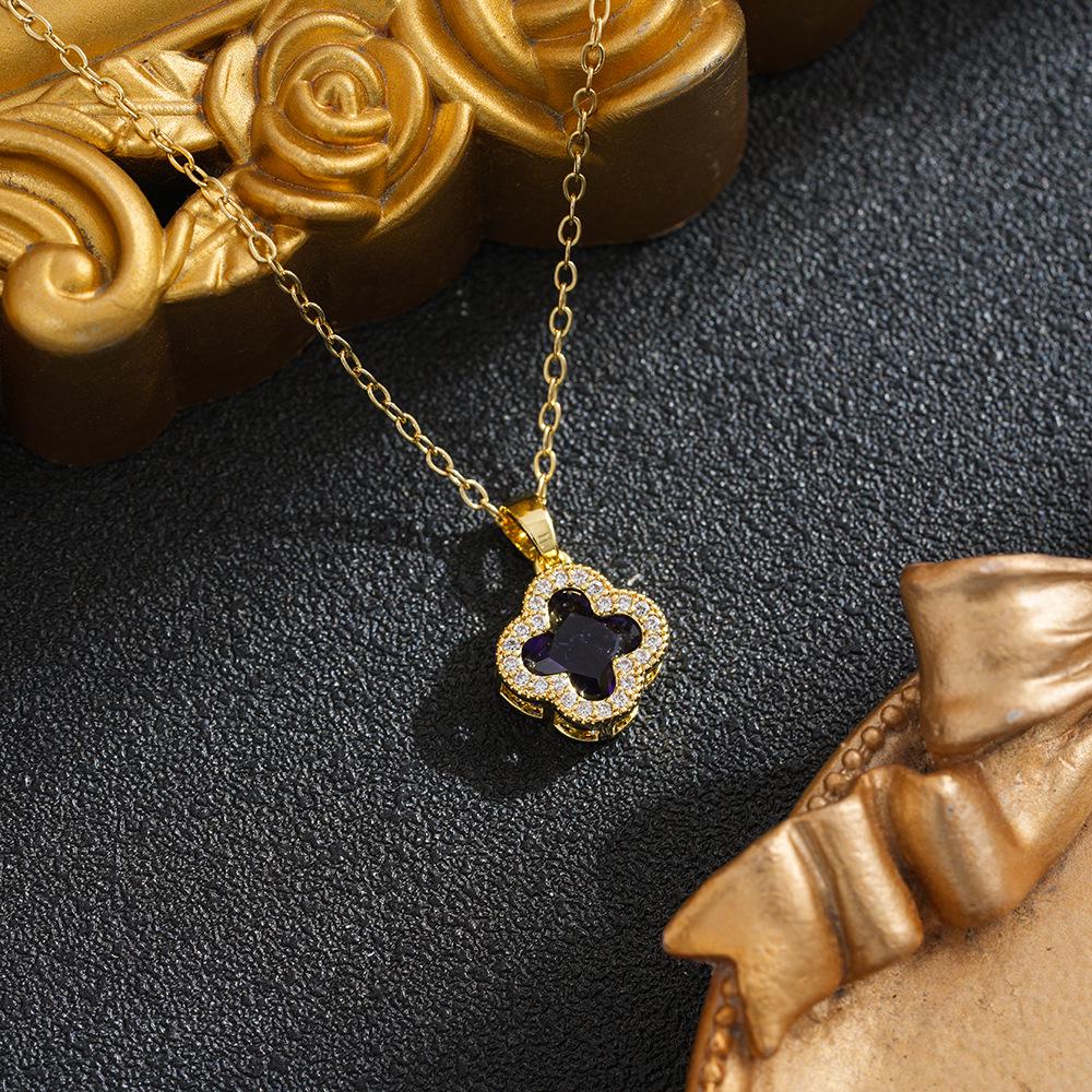 Four-Leaf Clover Diamond Inlaid Titanium Steel Necklace - Luxurious Women's Pendant Accessory