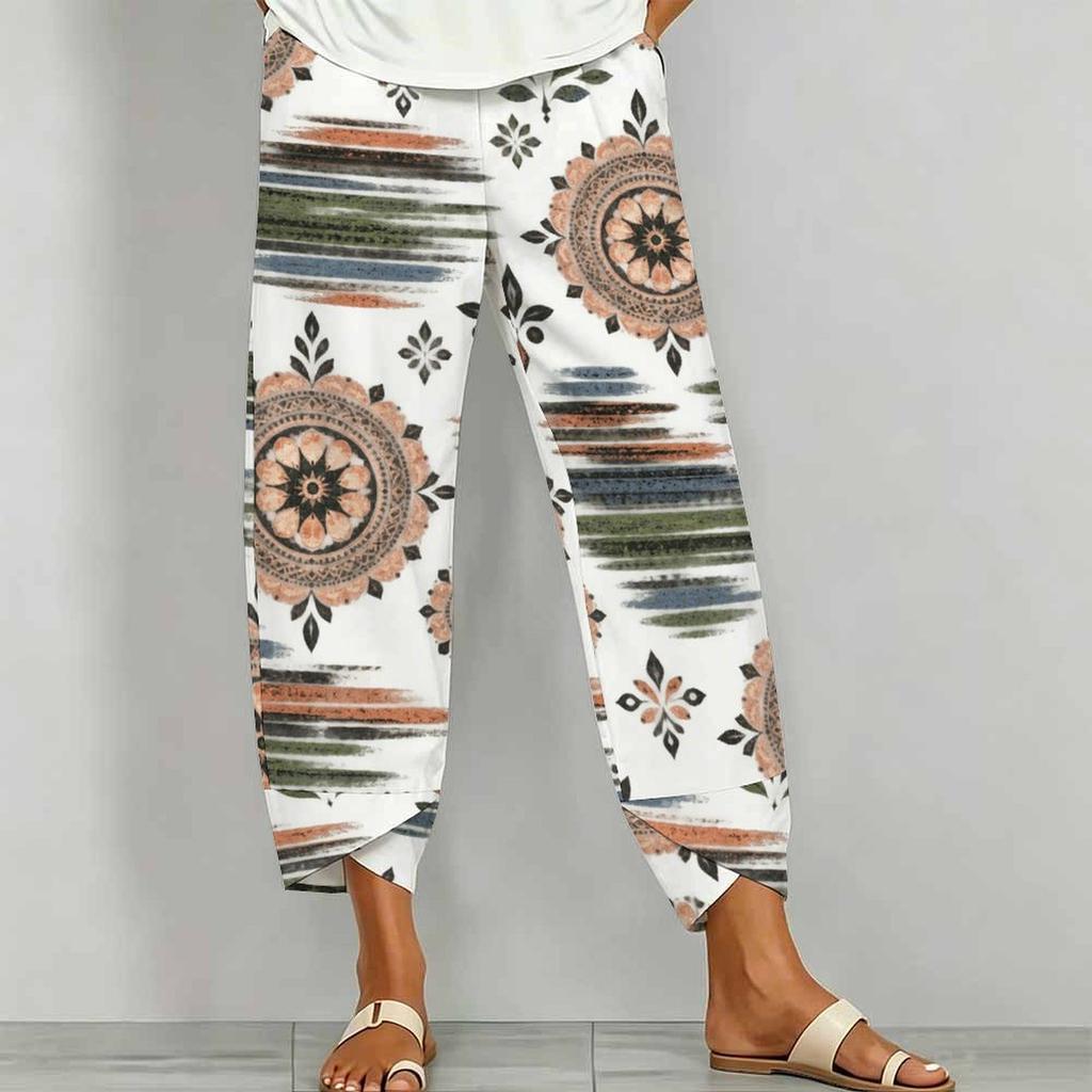 Women Plus Size Floral Printed Loose Cross Hem Cropped Pants