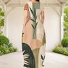 Women Plus Size Round Neck Short Sleeve Blue White Printed Loose Maxi Dress With Side Pockets