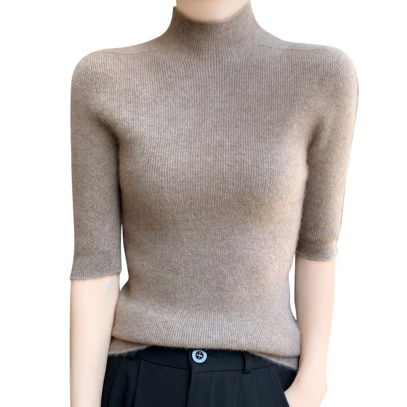 Women's Slim Fit Half-High Neck Five-Sleeve Base Layer Sweater for Spring and Autumn