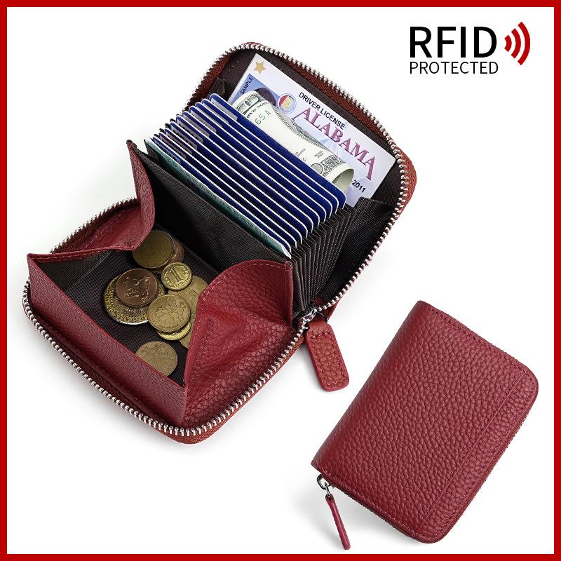 Japanese Style Cowhide RFID Card Wallet, Accordion Multi-Slot Anti-Skimming Zipper Genuine Leather Card Holder for Daily Use