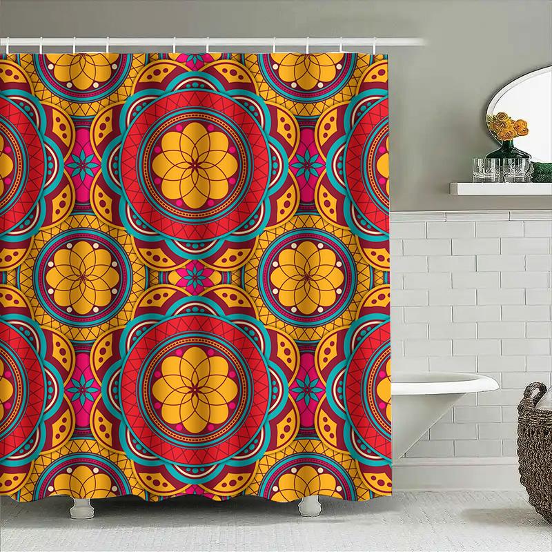 

Colorful Mandala Shower Curtain Extra Long Printed Waterproof Bath Mat Set For Home Decor Bright Red Yellow Blue Design (84 X 72 W60H190(CM)-1 Pcs