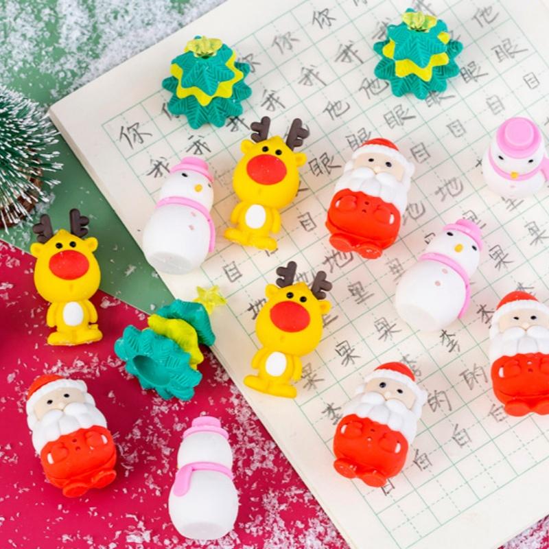 4 Peças/Conjunto Borrachas Fofas de Desenho Animado Papai Noel Rena Kawaii Estética Papelaria Conjunto de Borrachas para Crianças Recompensa para Estudantes Presentes de Natal