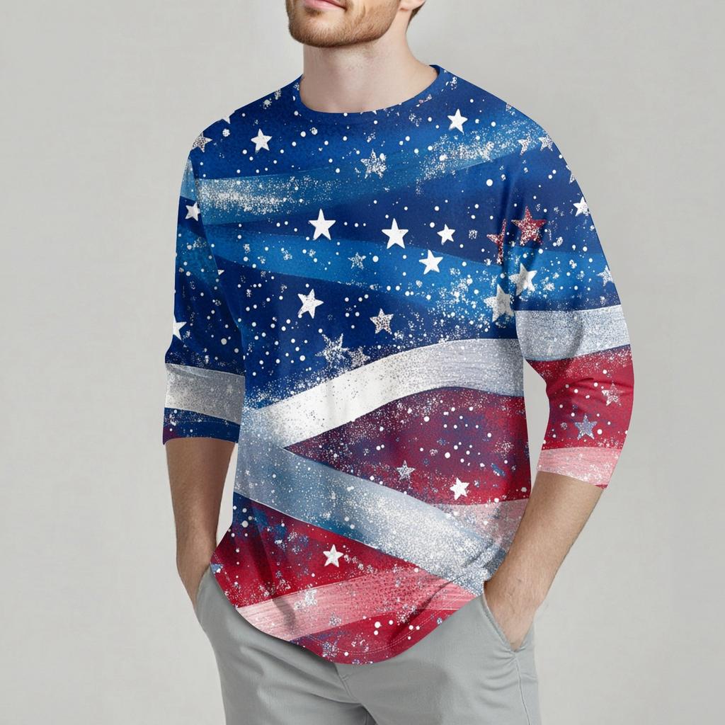 Herrenmode Lässiges T-Shirt mit Unabhängigkeitstag-Print am Hals und sieben Ärmeln