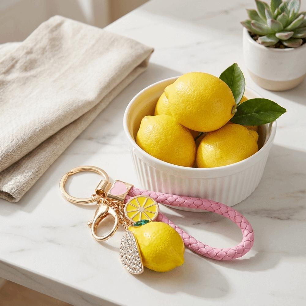 Rhinestone Leaf Charm Bag Pendant Creative Fruit Shape Key Ring Cute Lemon Keychain Gift