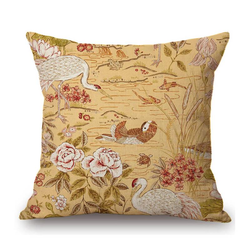 Navy Blue Green Red Rose Classic Home Decoration Flower Bird Art Sofa Throw Pillow Case Cotton Linen Square Medium Cushion Cover