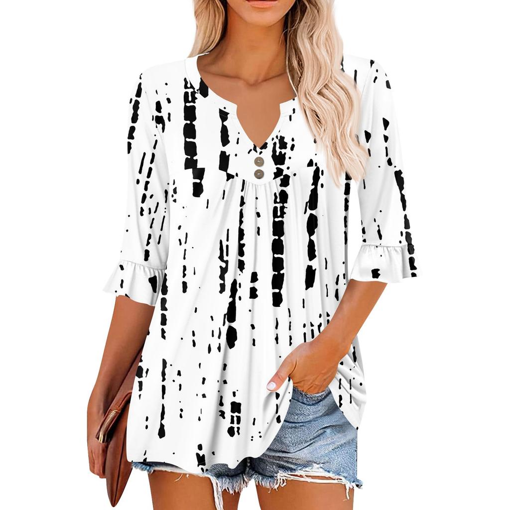 3/4-Ärmel Oberteile für Damen Lässige Rüschen V-Ausschnitt T-Shirts Arbeitsblusen Elegante Tunika-Oberteile