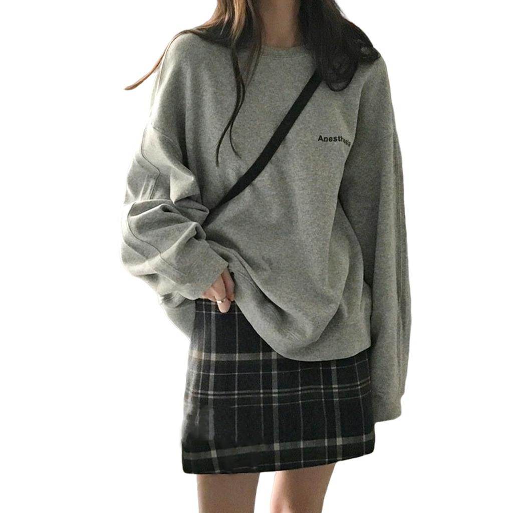 Long Crew Pullover Loose Plus Solid Korean Winter Women's Sweatshirt, Hoodie, Sleeve, Neck, Top, Fit, Casual, Size, Simple, Color, Style,