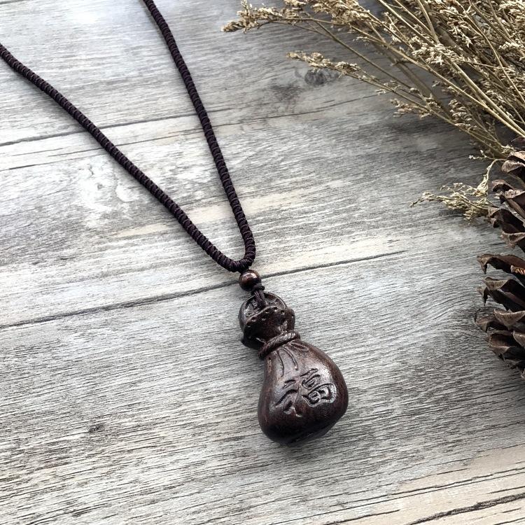 Retro Hand-carved Mahogany Long Necklace Women's Fashion Temperament Cotton and Linen Clothing Sweater Chain Accessories