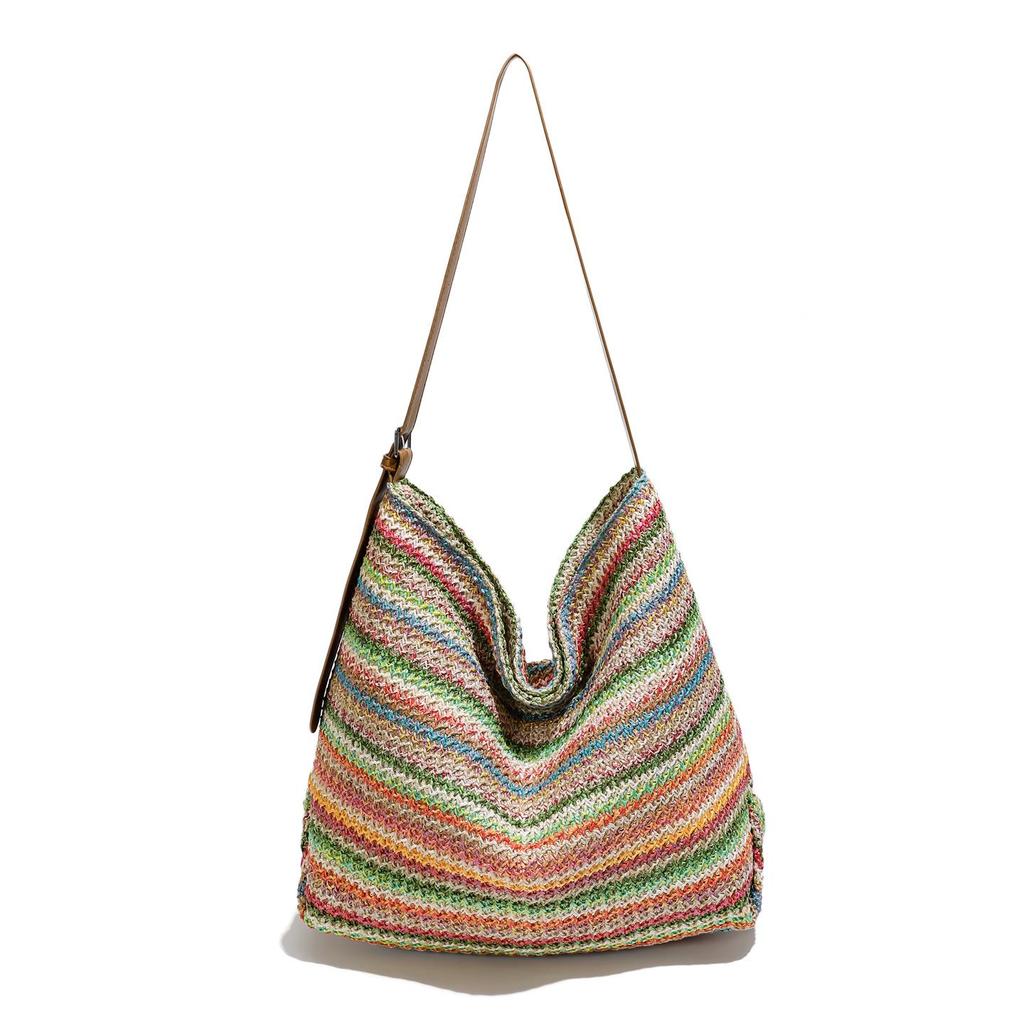 Stylish Striped Straw Shoulder Bag - Large Capacity Korean Vacation Handbag for Women