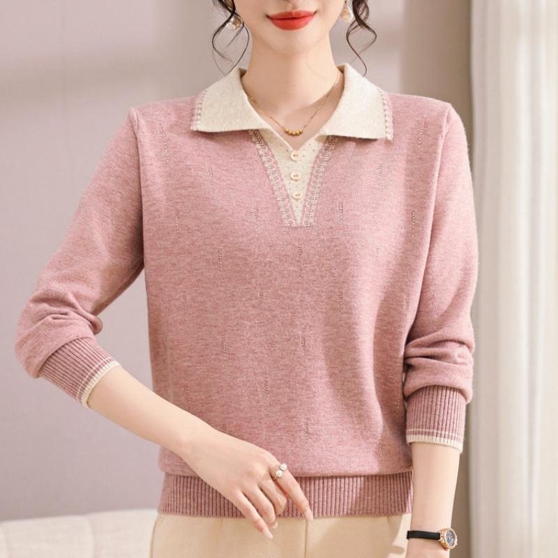 

Новая вязаная базовая рубашка для осени для мамы, одежда для женщин среднего и пожилого возраста, весенне-осенний пуловер-свитер с длинными рукавами и отложным воротником XL розовый