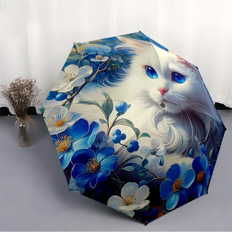 1pc Floral Cat Print Auto-Fold Umbrella with One-Touch Open/Close - 8 Reinforced Ribs for Windproof Stability, yy251118232