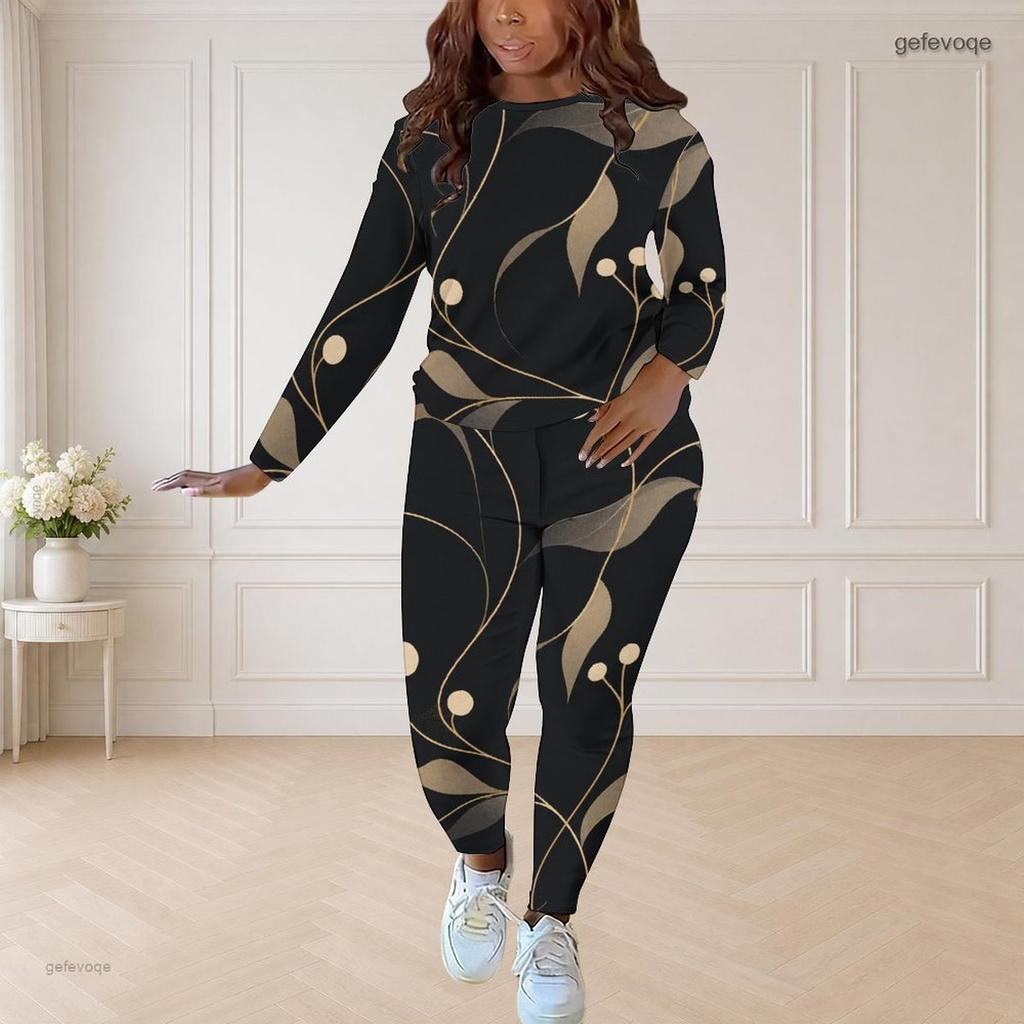 Women Plus Size Round Neck Long Sleeve Floral Printed Top And Fitted Pants Two Piece Set