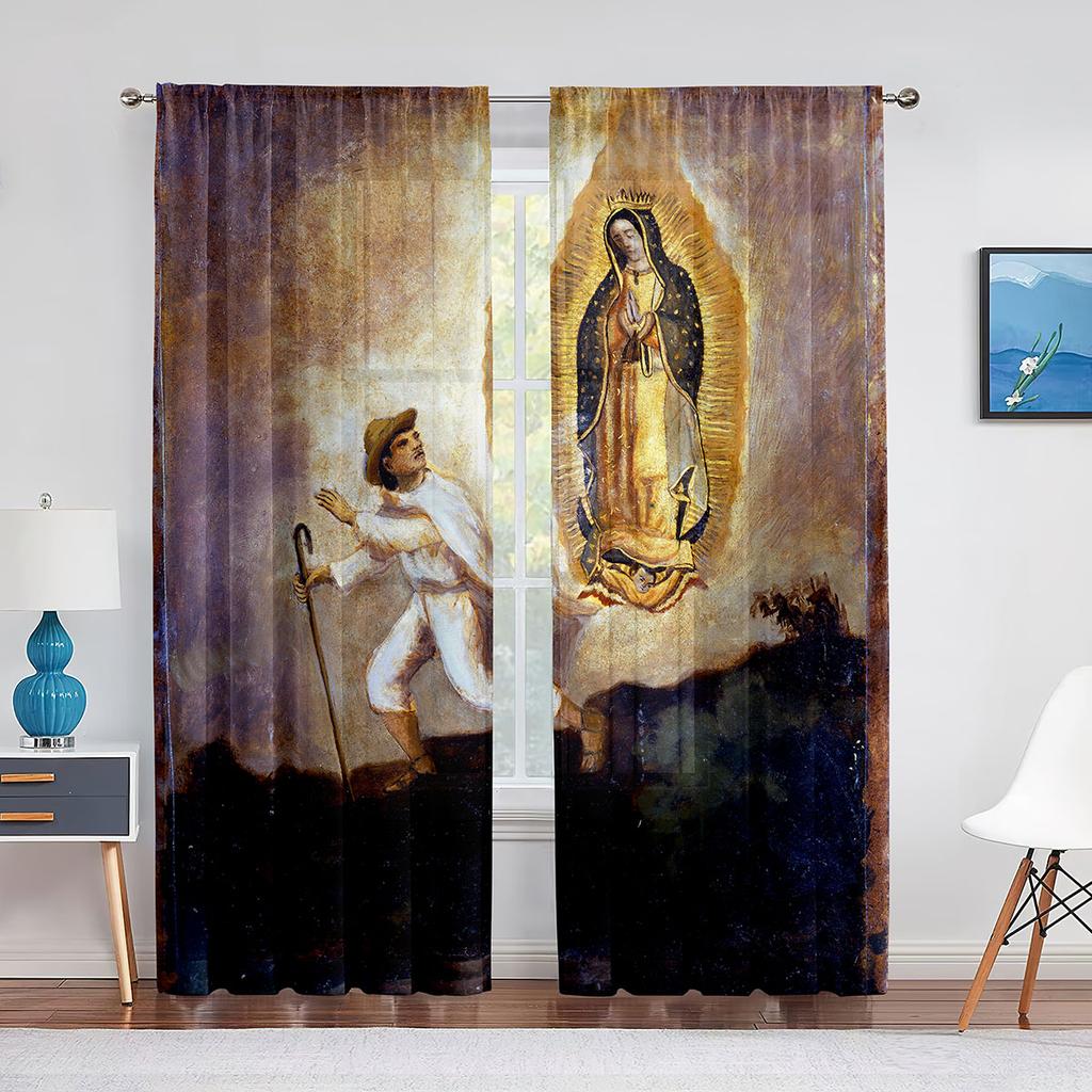 Unsere Liebe Frau von Guadalupe Mexikanische Heilige Jungfrau Maria Floral Transparente Voile Vorhänge für Schlafzimmer Wohnzimmer Küche Chiffon Tüll Vorhänge