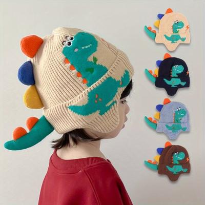 Cute 3D Dinosaur Winter Beanie Hat - Cartoon Acrylic Knitted Warm Earflap Cap, for Kids Boys Girls Outdoor Wear, Cozy Headwear